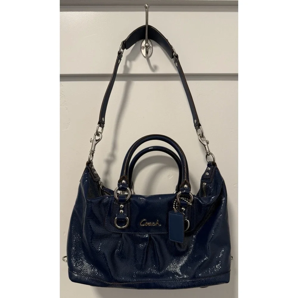 Coach Ashley Satchel Navy Blue Crinkled Patent Leather Convertible Design